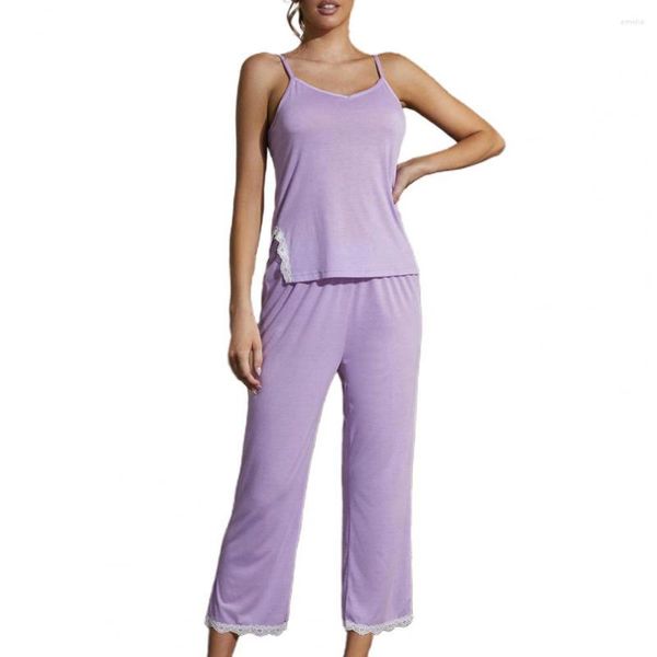 Zweiteilige Damen-Hosen, Sommer-Outfits für Frauen, 2023, Pyjama-Set, Spaghetti-Träger, ärmellos, Spitze, einfarbig, rückenfrei, Oberteile, beschnitten