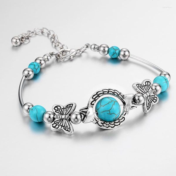 Braccialetti con ciondoli Colore argento antico Blu Turchese Perlina Pietra Bracciale pesce cavo per donna Whosesale Goccia di gioielli