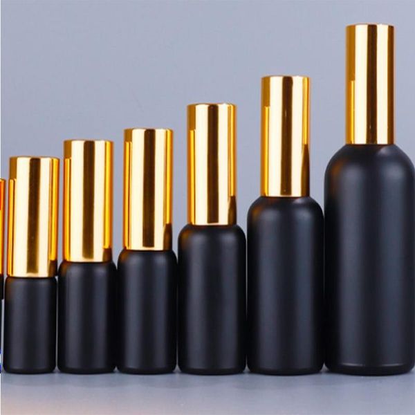 Imballaggio vuoto Forma rotonda 5ml-100ml Bottiglie di profumo spray in vetro nero con coperchi spruzzatore pompa oro per cosmetici aromatici Liquid Ahpul