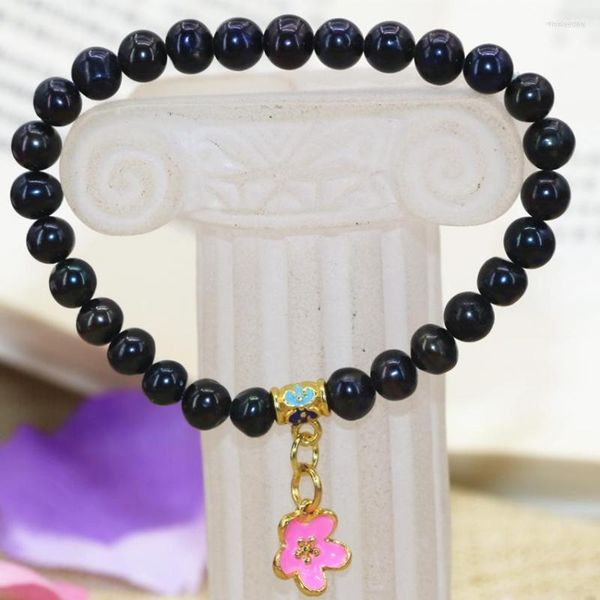 Strand Fashion Women Bracciale Natural Black 7-8mm Nearround Pearl Beads Fiore color oro Cloisonne Gioielli fai da te 7.5 pollici B3115