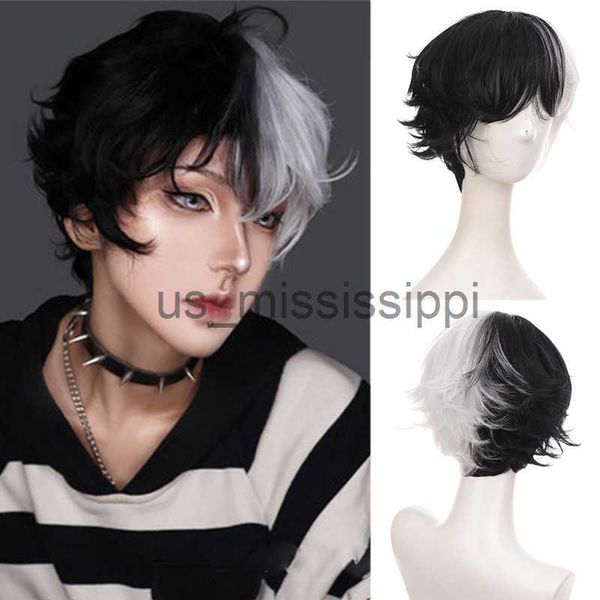 Cosplay perucas curto encaracolado masculino peruca preto branco amarelo metade cosplay anime traje halloween perucas de cabelo sintético com franja para homens menino mulheres x0901