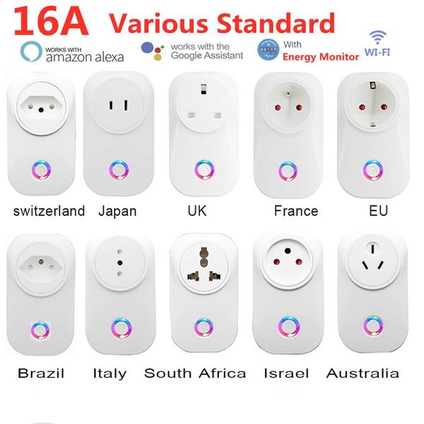 Plugs tuya wifi smart socket smart plug smart eu uk swit au br jp israel ita power plug 16a controllo app alexa google home energy monitor