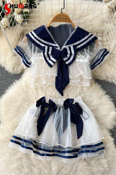 Abiti da lavoro Abito da ragazza morbido in stile giapponese Completo estivo da donna Preppy Sailor Collar Mesh Short Top Bubble Set in due pezzi