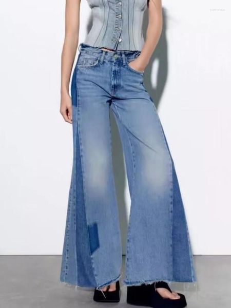 Jeans Feminino Estilo Coreano 2023 Moda Feminina Denim Patchwork Calças de Pernas Largas Cool Girl Loose High Street