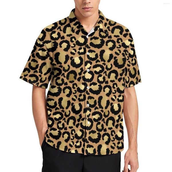 Camisas casuais masculinas douradas e pretas camisa solta de leopardo masculina praia estampa de animal verão gráfico manga curta moda blusas oversize