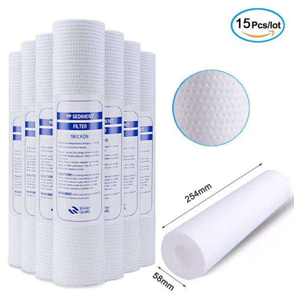 Geräte 15pcs 15 Mikrometer PP Sponnen Polypropylen Sediment Wasserfilter Ersatzpatrone Umkehrosmose 10 Zoll PP Baumwollfilter 100 g