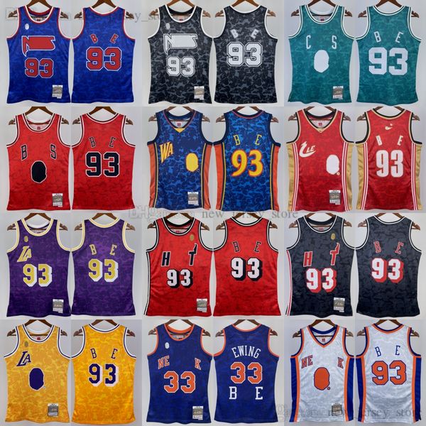 Basılı Klasik Retro 1993 Basketbol #93 B A P E JERSEY RETRO BEYAZ 1991-92 Mavi #33 Patrick Ewing Sarı Mor Kırmızı Yeşil Siyah Formalar Gömlek
