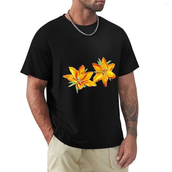 Polos masculinas Laranja Pintadas em Aquarela Lírios Estampados Florais Camisetas Curtas Roupas Masculinas para Homens