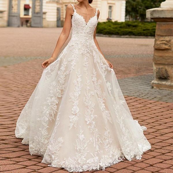 Partykleider 2023 Sexy weißes Hochzeitskleid Spaghettibügel mit tiefem V-Ausschnitt Spitze Applikationen Tüll Langes Kleid Vestido de Novia Encaje