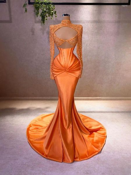 Partykleider Mode Orange Meerjungfrau Abend Lange Ärmel V-Ausschnitt Neckholder Pailletten 3D Spitzenapplikationen Satin Sexy Plus Size Prom