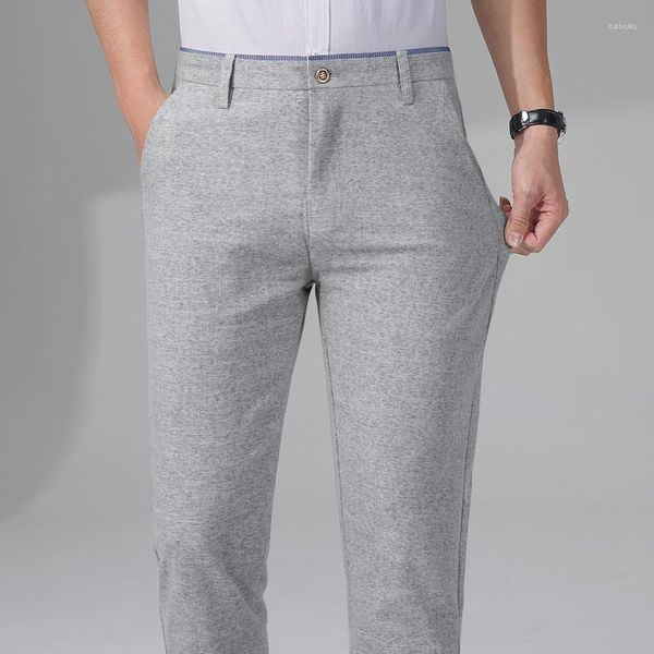 Calça masculina de linho de algodão casual fino verão estilo coreano roupas ajuste regular calças compridas para homens azul cinza 2023 moda