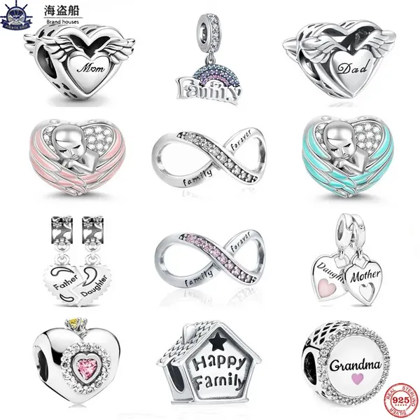 Para pandora charms autênticos 925 contas de prata Family Forever Pendant Mom Dad Amulet Pendente Charm DIY