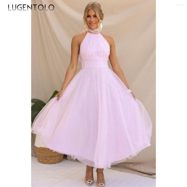 Vestidos Casuais Lugentolo Feminino Fairycore Mesh Dress Halter Gola Alta Férias Sexy Lady Backless Lady Elegante Big Swing Party Lace-up Princess