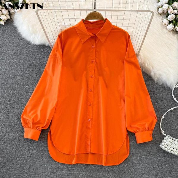 Vestidos Casuais Mulheres Camisa Feminina ANSZNTK Primavera Outono ANSZKTN Blusa Solta Manga Comprida Assimétrica