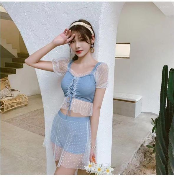 Costume da bagno da donna in pizzo da donna coreano costume da bagno fata foglia di loto gonna boxer monopezzo manica corta pettorale conservatore copri pancia ragazza