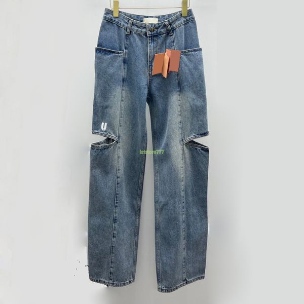 Harf Nakış Kızlar Yeni Pamuk Vintage High End Pist Marka Delik Kovboy Dış Giyim Denim Uzun Düz Pantolon Tulum ile 23SS Fw Kadınlar Tasarımcı Kot Pantolon
