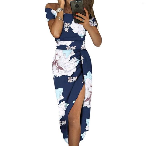 Vestidos casuais verão para mulheres 2023 sexy um ombro com estampa de flores bolsa de cintura vestido com fenda no quadril para ocasiões formais roupas femininas