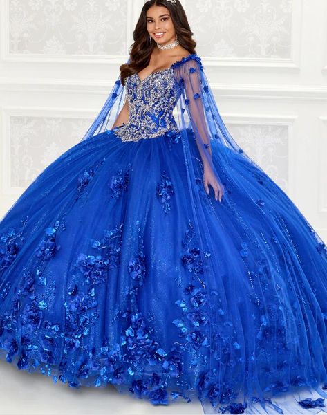 Vestidos quinceanera azul royal fúcsia com capa destacável fora do ombro Vestidos de espartilho com contas de cristal para aniversário de 15 anos