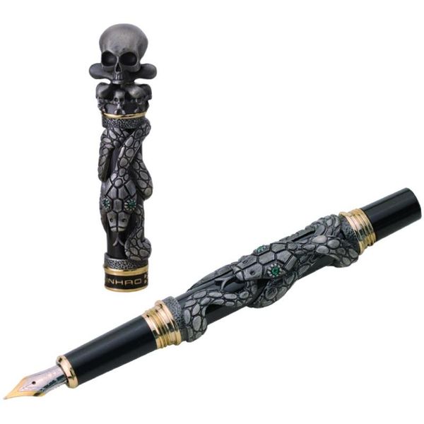 Kalem gri jinhao yılan metal çeşmesi kalem kalem kafatası iskelet kalem kapağı ağır mürekkep kalemi iridyum ef/f/m // Bent nib ofis iş yazma kalemi