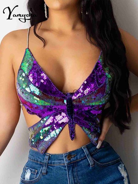 Бальные платья Sexy Halter Sequin Butterfly Top Corset y2k Crop Top Women Summer Top Club Womens Tops Backless Party Vintage Clothing Tank Top x0629