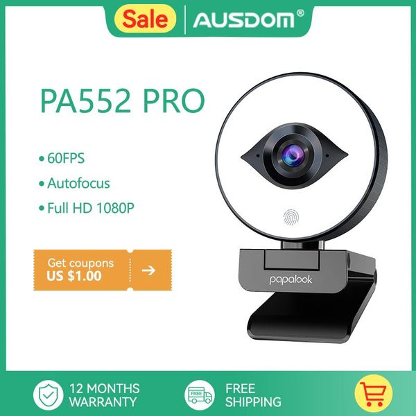 Tripodi Ausdom Papalook PA552 PRO 60FPS 1080p Web di treppiede Autofocus con lattata Web Streaming Full HD Ring Light Full HD per laptop per PC