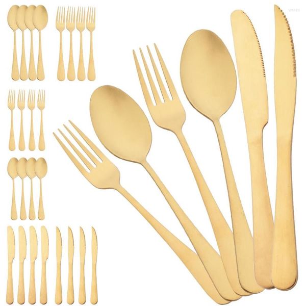 Set di stoviglie 24 pezzi Set di posate in acciaio inossidabile dorato Stoviglie opache Cucchiaio da cucina Forchetta Coltello da bistecca Posate da cena