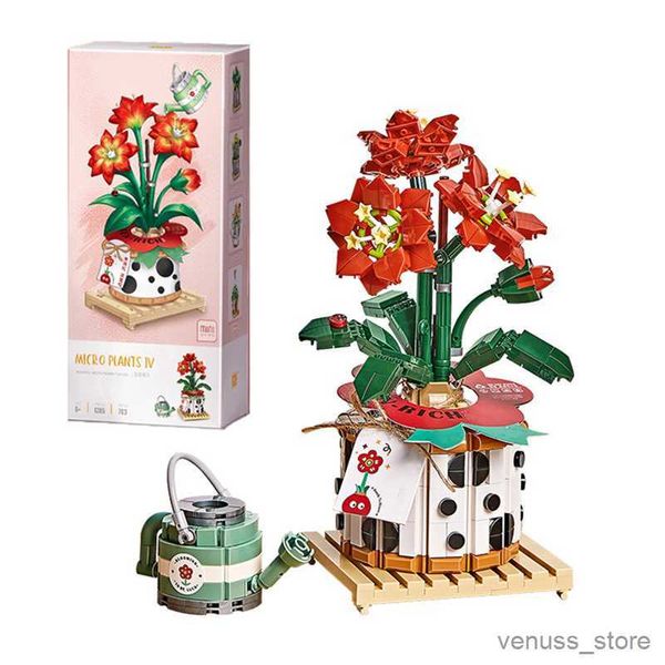 Blocos Buquê Blocos de Construção de Flores Vermelhas Chaleira de Chuveiro Vaso de Planta Pequeno Conjunto de Pelotas Ornamento Brinquedo Infantil Presente para Amigos R230629