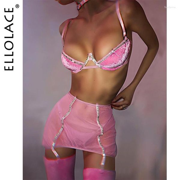 BHs Sets Ellolace Samt Strass Dessous BH Kit Push Up Unterwäsche Fancy Zarte Exotische Fee Rosa Intim Schönes Outfit