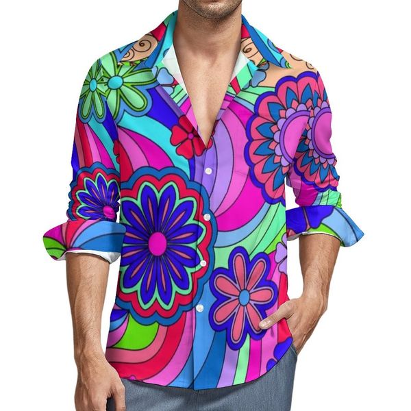 Erkek Gömlekler Hippy Flower Power Şık Günlük Gömlek Erkekler Renkli Çiçek Desenli Bahar Trendy Bluzlar Uzun Kollu Tasarım Büyük Beden Üstler 230629