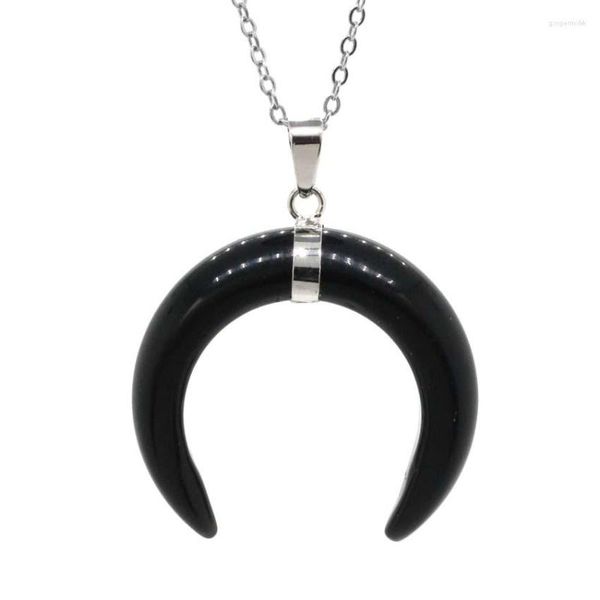 Anhänger Halsketten KFT Natürlicher schwarzer Onyx Achat Halbmond Doppelhorn Stein Gliederkette Halskette Schmuck für Frauen Männer Mädchen Geschenk