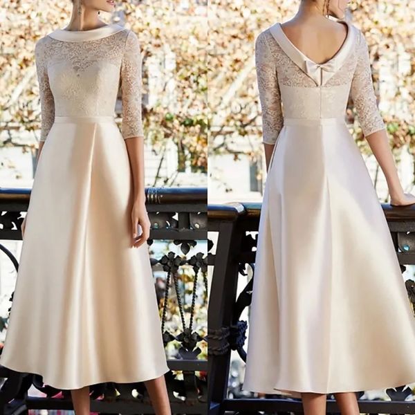 Champagnerfarbenes Kleid für die Brautmutter, elegantes, mit Juwelenausschnitt, Teelänge, Spitze, Satin, halbe Ärmel, formelles Hochzeitsgastkleid