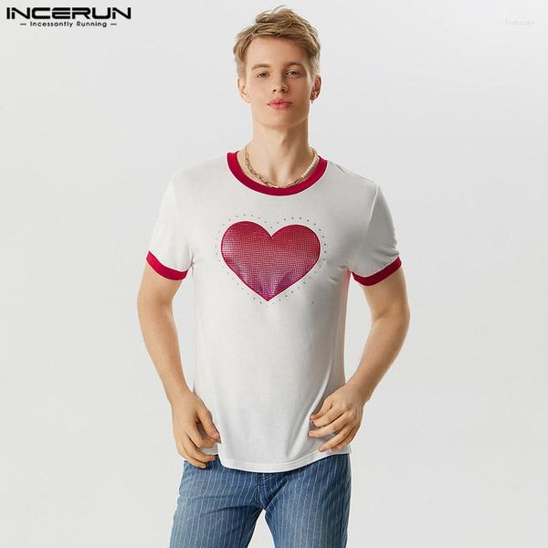 Camisetas masculinas Casual Tops de festa INCERUN Masculino Funny Love Estampado Splice Manga curta T-shirts Moda All-match Masculino Camiseta S-5XL