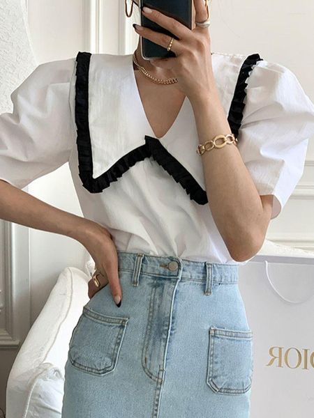 Blusas Femininas HziriP Chic Babados Sweet Shirts Lapel Puff Sleeve Summer 2023 Office Lady All Match Streetwear Casual Work Wear Tops