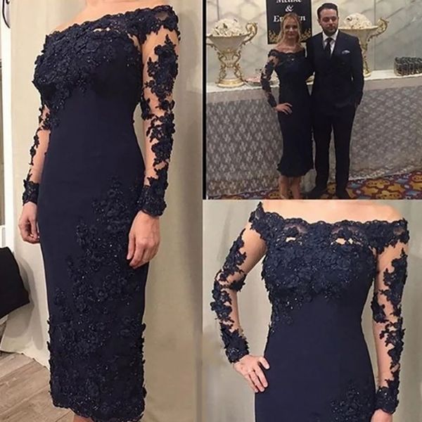 Taglie forti Abiti per la madre della sposa Guaina Lunghezza tè Maniche lunghe Appliques Abiti da sposa per lo sposo con perline Blu navy