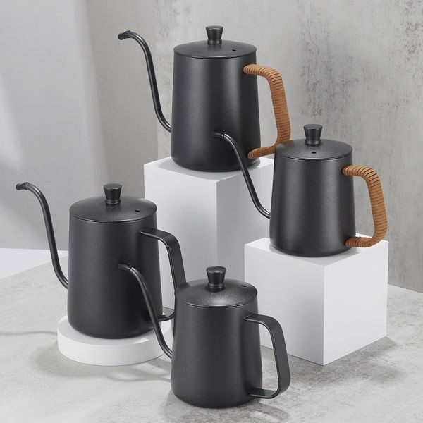 Conjuntos de utensílios de café chaleira de gotejamento 350ml 600ml bule de chá de café revestimento antiaderente grau alimentício aço inoxidável pescoço de ganso chaleira de gotejamento pescoço de cisne boca fina 230628