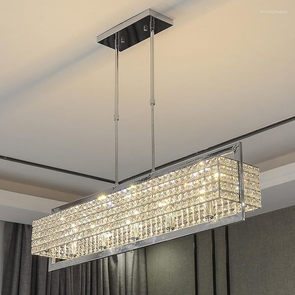 Pendelleuchten Kronleuchter Moderne Luxus-Esszimmer-LED-Lampe Gerader Glanz Chromstahl K9 Kristall Hängestange Hängeleuchten Leuchten