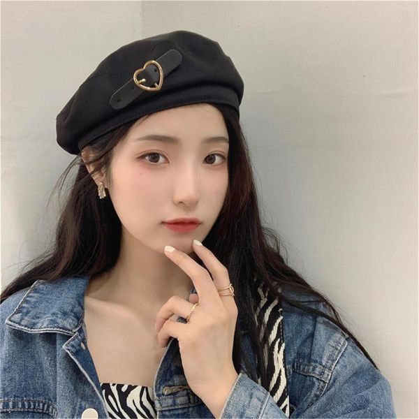 Berets Metall Liebe Herz Schnalle Schwarz Herbst Winter Warme Hip Hop Hüte Für Frauen Vintage Kappen Elegante Mädchen Dekorative Kappe