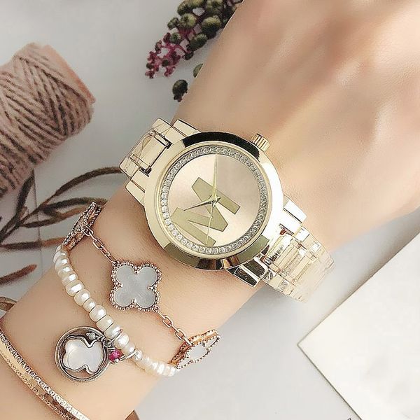 Relógios femininos de alta qualidade cristal grandes letras estilo metal aço pulseira quartzo-bateria relógios de pulso