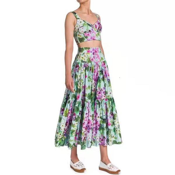 Vestido de duas peças primavera e verão suspensórios bordados saia longa terno de algodão moda feminina elegante cintura alta plissado bing 230629