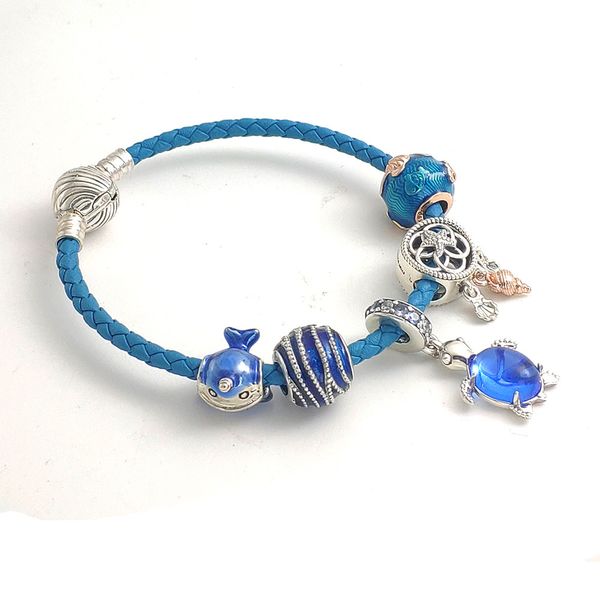 Novos pingentes de prata esterlina 925 pulseiras azuis para mulheres designer sênior moda presente flor oceano tartaruga pingente DIY ajuste pulseira Pandora com caixa