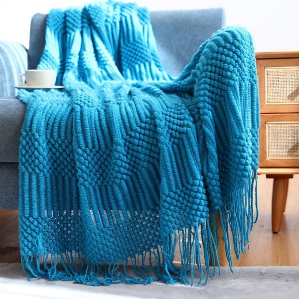 Одеяла Inya Голубое одеяло для дивана-кровати декоративное вязаное с кисточками мягкое легкое уютное фактурное 230628