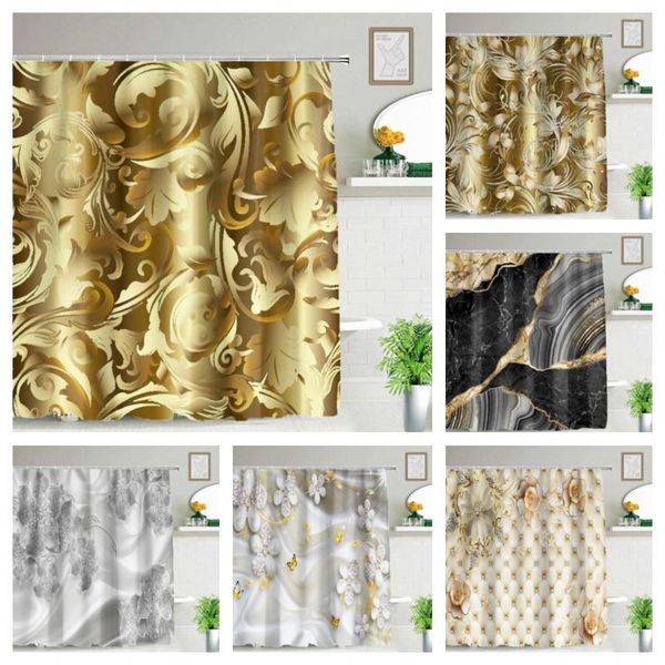 Tende da doccia Tessuto per tende da bagno in oro di lusso Poliestere impermeabile 3D Moderno Marmo nero Fiore bianco Decorazioni per il bagno Cortinas