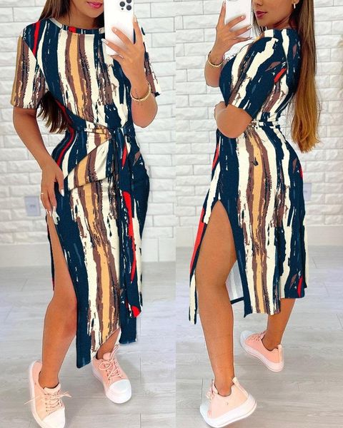 Lässige Kleider Damenmode 2023 Sommer Sexy Schlankes Leopardenmuster Schlitzkleid Kurzarm Taille Rückzug Schnürung Weiblich