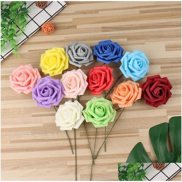 Ghirlande di fiori decorativi Rosa Capolino in schiuma finta Materiale tocco reale Bouquet da sposa artificiale Forniture per feste 19 Disegni Bt2 Dhava