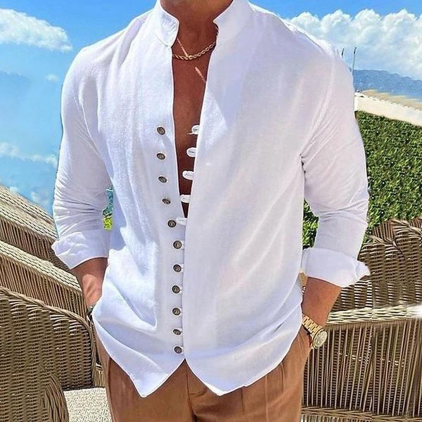 Camisas casuais masculinas tamanho americano camisa de manga comprida solta 2023 verão sólido praia algodão linho mistura gola alta branco