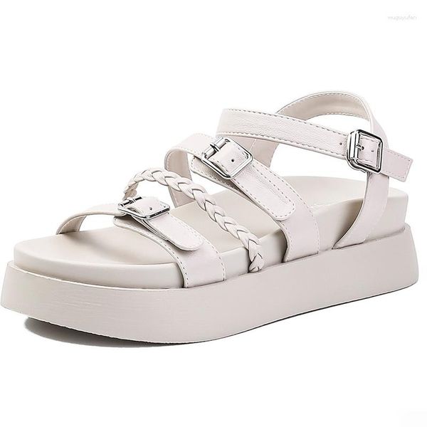 Sandali con plateau in stile coreano da donna con punta aperta, scarpe casual con cinturino alla caviglia, fibbia in metallo, vacanze estive al mare