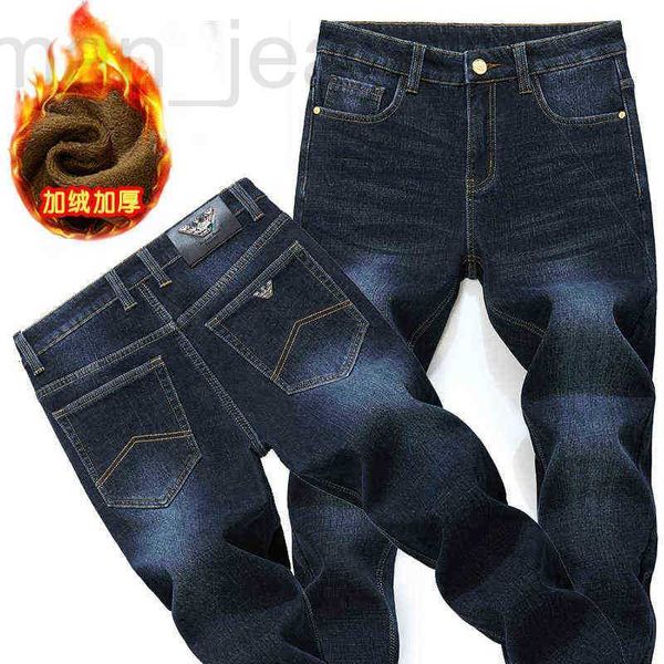 Jeans masculino marca moda inverno pelúcia engrossado fino reto elástico grande calça quente XRDK