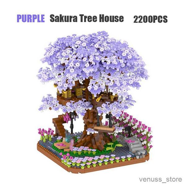 Blocos 2200 pçs Mini Blocos de Construção Roxo Flor de Cerejeira Árvore Casa Modelo Decoração Menina Presente Quebra-cabeça Brinquedo Infantil Presente R230629