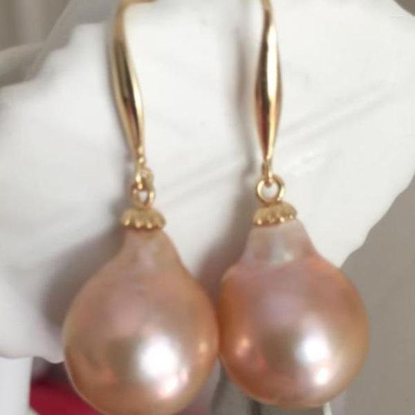 Brincos pendentes encantadores um par de 14-15 mm natural mar do sul ouro barroco rosa brinco pérola 14k