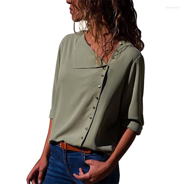 Blusas femininas trabalho escritório para mulheres manga longa chiffon tops casuais moda elegante camisas verdes primavera outono t-shirts com gola enviesada